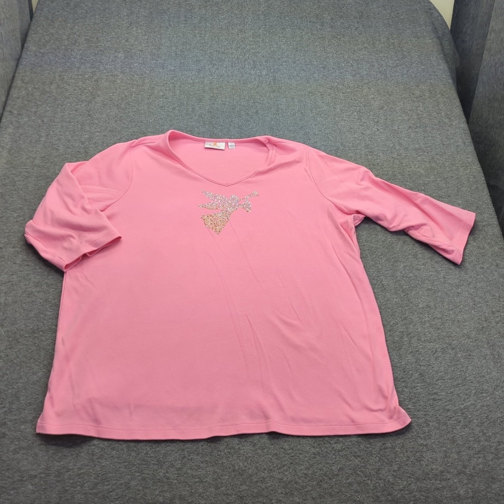 Quacker Factory Top Womens 3X‎ Pink Sequin Angel Trumper Quater Sleeve V Neck